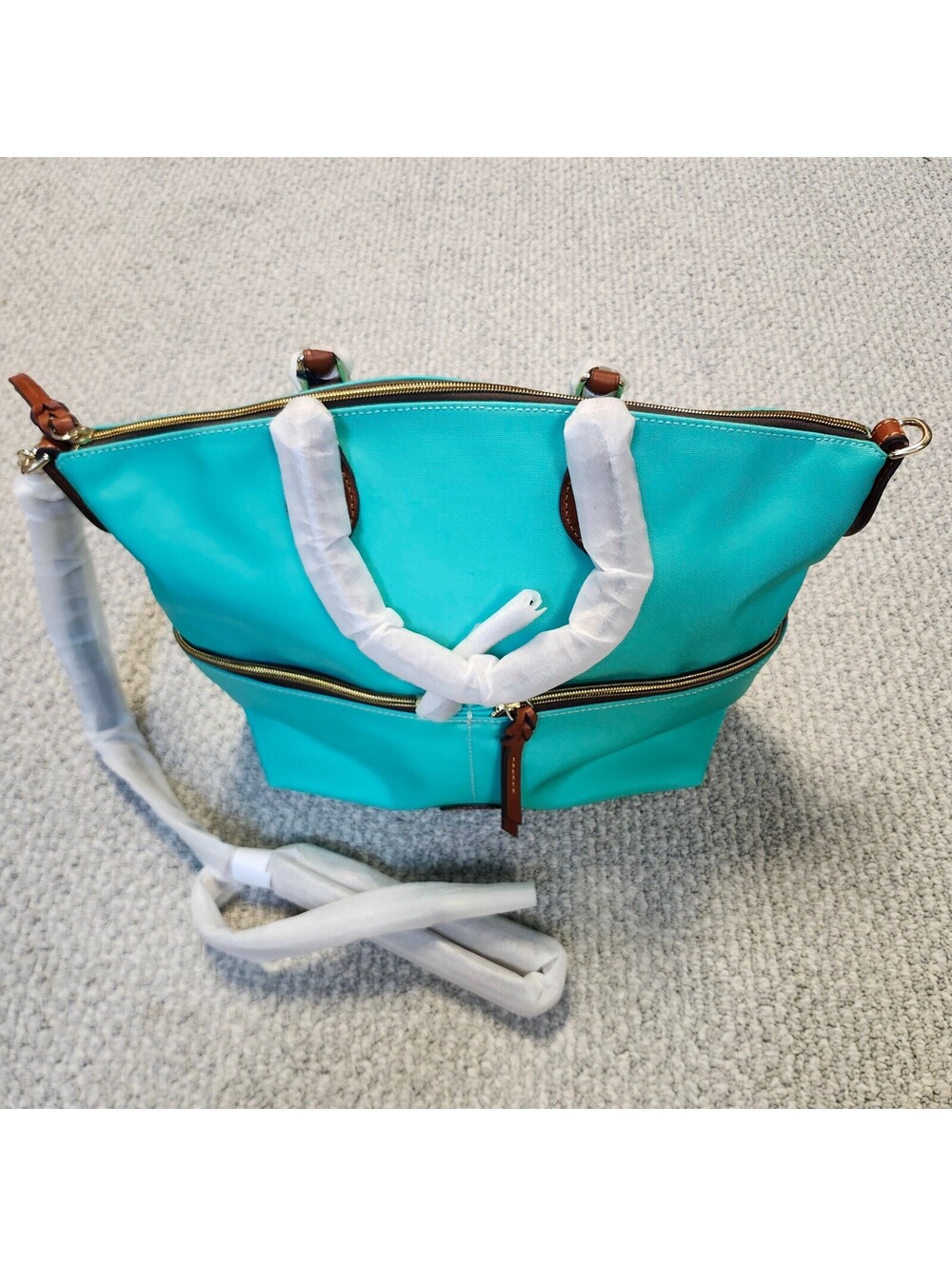 Dooney & Bourke Large Pocket Satchel Aqua Nylon With Leather Trim NWT